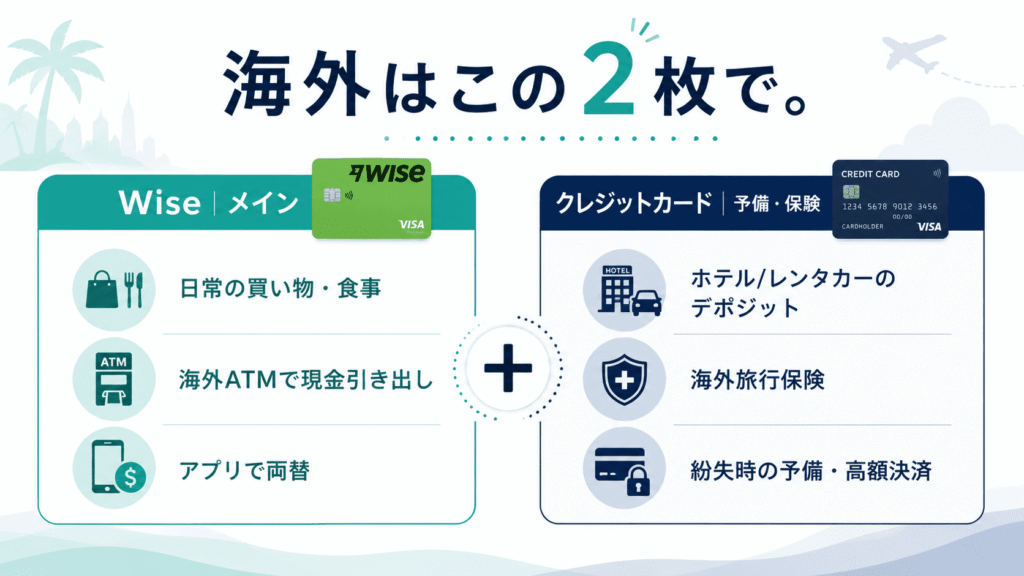 Wiseとクレカの海外での使い分けを示した図解