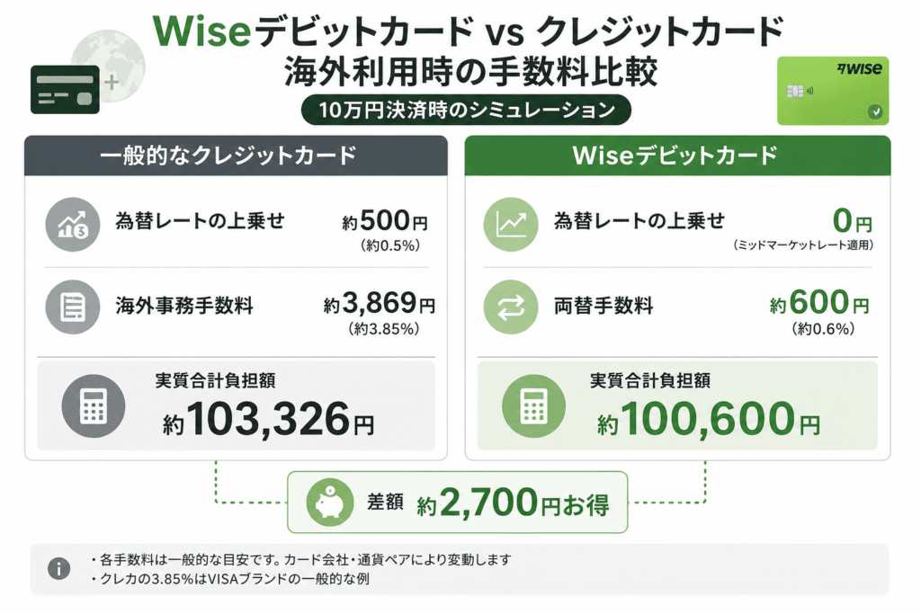 Wiseデビットカードと一般的なクレジットカードの海外利用時の手数料を10万円決済で比較した図