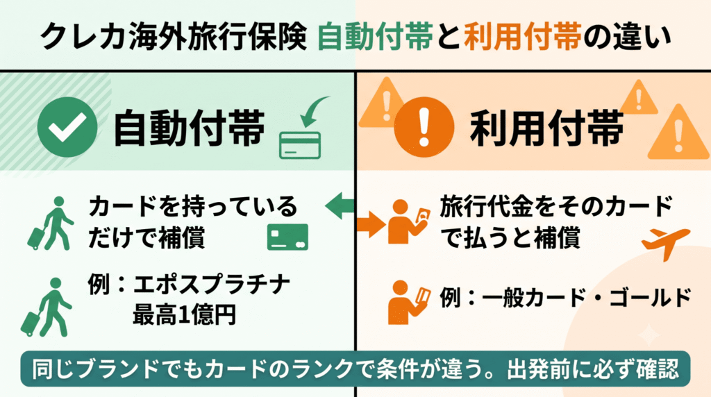 クレカ海外旅行保険の自動付帯と利用付帯の違いを示した比較図