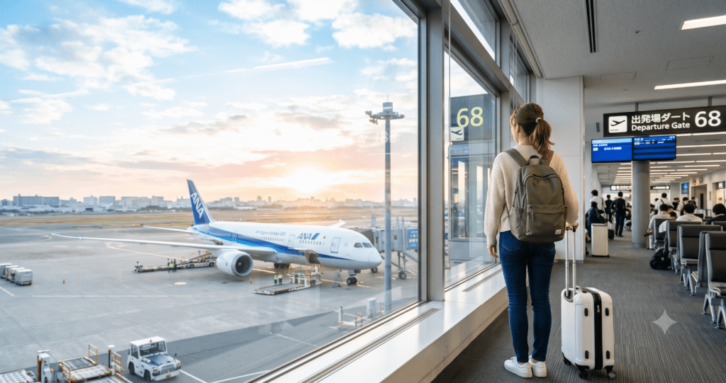 初めての海外一人旅で空港ゲートに立つ旅行者の後ろ姿