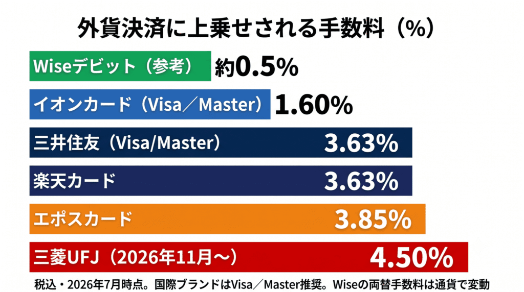 カード別の海外事務手数料をWiseと比較した棒グラフ