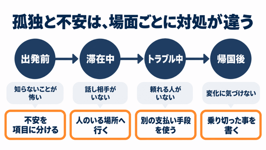 海外一人旅の不安を4場面で整理した図