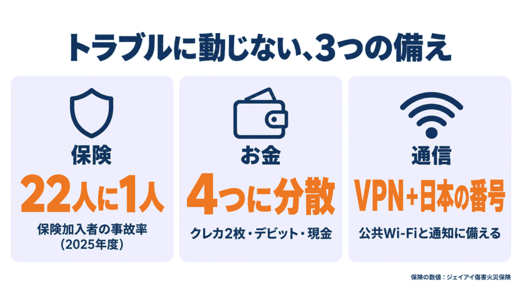 保険・お金・通信の3つの備えを整理した図