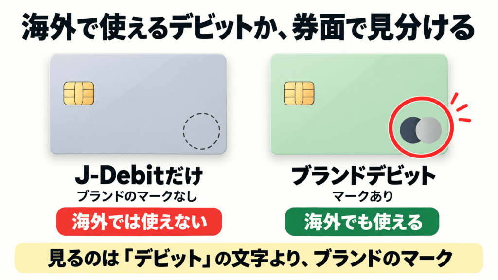 J-Debitとブランドデビットの券面の違いを比べた図
