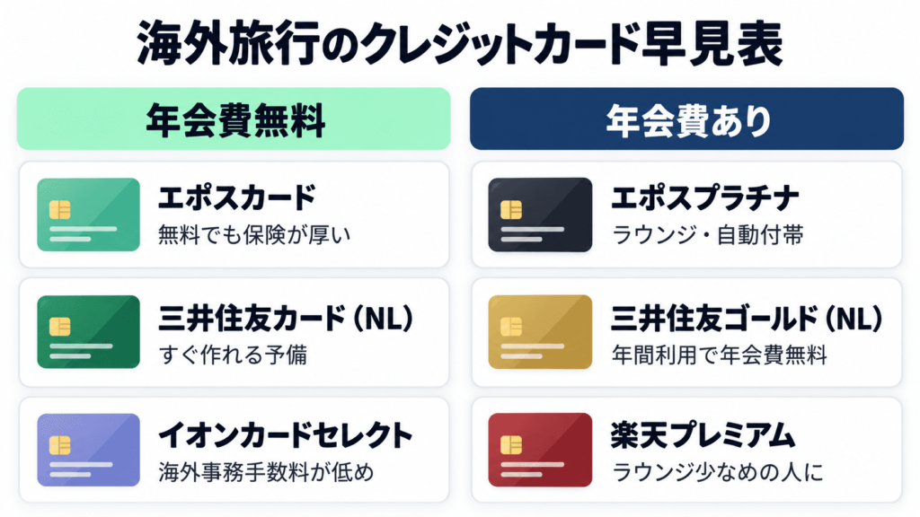 年会費無料と有料の海外旅行向けクレジットカード6枚の早見図