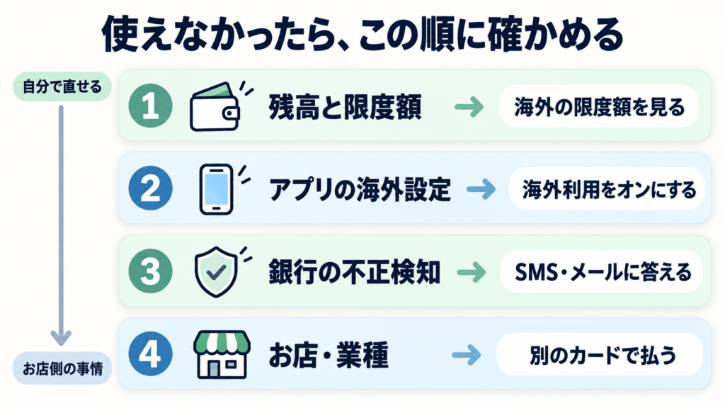 デビットが海外で使えない原因を確認順に並べた図