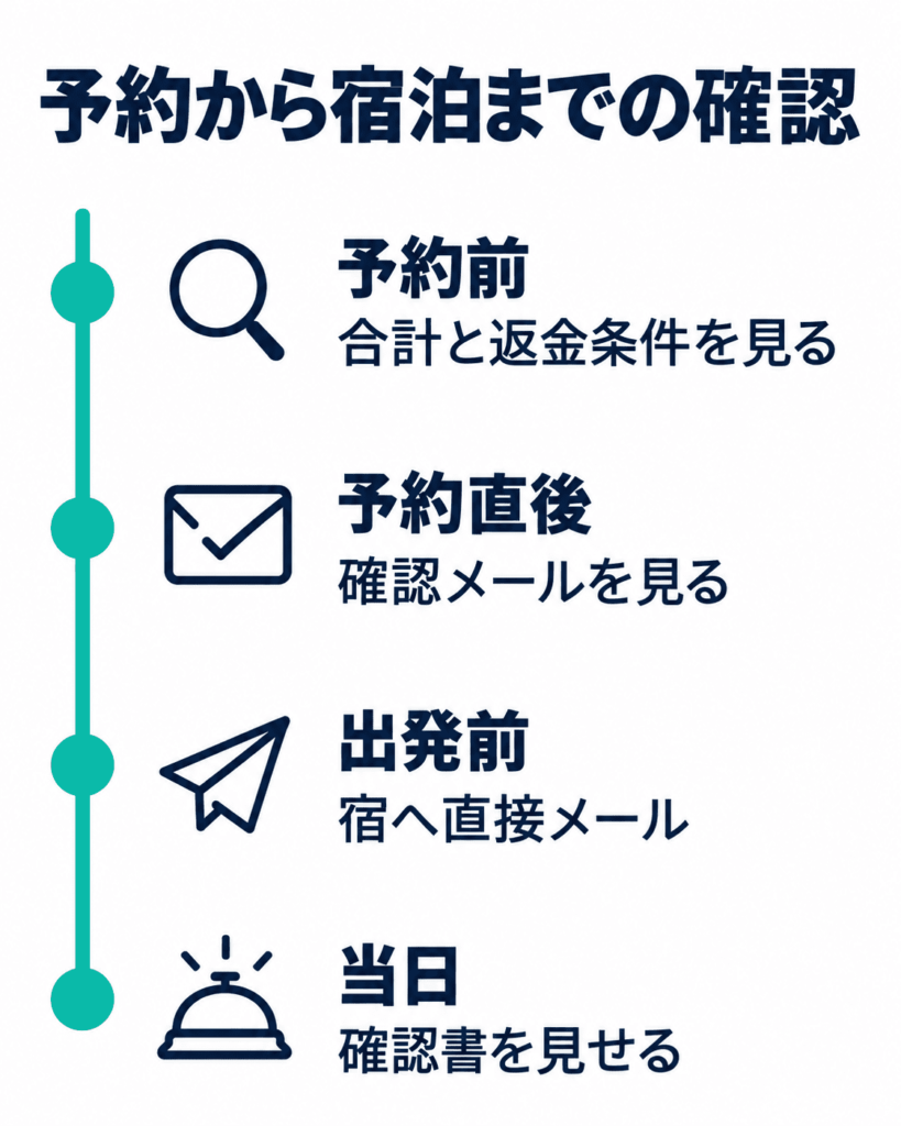 アゴダ予約前から当日までの確認の流れ図