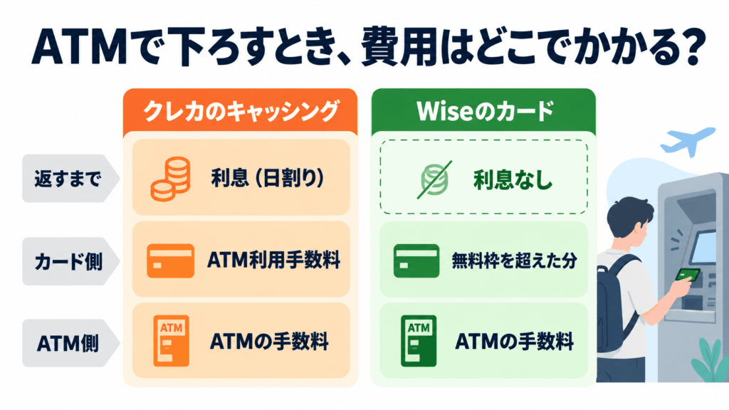海外キャッシングとWiseのATM出金でかかる費用を比べた図
